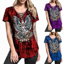 Fashion Short Sleeve Lace-up V-neck Printed T-shirt