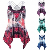 Sexy Backless Irregular Hem Printed Tank Top