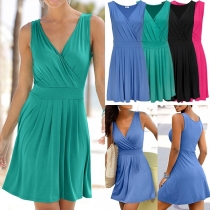Sexy V-neck Sleeveless High Waist Solid Color Dress