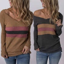 Fashion Contrast Color Long Sleeve V-neck T-shirt