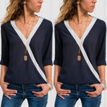 Fashion Contrast Color Long Sleeve V-neck T-shirt