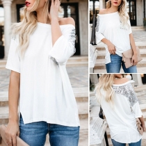 Sexy Oblique Shoulder Sequin Spliced Short Sleeve T-shirt 