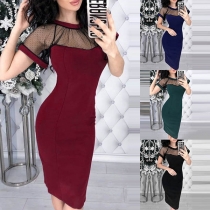 Sexy Backless Gauze Spliced Short Sleeve Slim Fit Dress