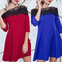 Sexy Lace Spliced Boat Neck 3/4 Sleeve Dress
