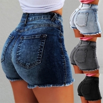 Fashion High Waist Frayed Hem Denim Shorts