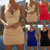 Sexy Backless V-neck Solid Color Twisted Sling Dress