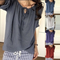 Fashion Solid Color Long Sleeve Lace-up V-neck Top