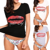 Fashion Red-lip Printed Short Sleeve Round Neck T-shirt 