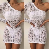 Sexy One-shoulder Long Sleeve Hollow Out Knit Beach Smock