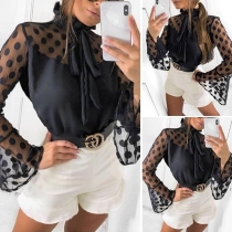 Sexy Dots Printed Trumpet Sleeve Lace-up Ruffle Stand Collar Blouse 