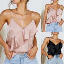 Sexy Backless V-neck Solid Color Ruffle Cami Top