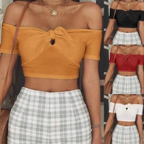 Sexy Knotted Boat Neck Short Sleeve Solid Color Crop Top 