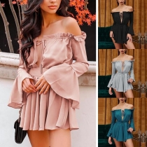 Sexy Ruffle Boat Neck Trumpet Sleeve Solid Color Dress