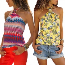 Sexy Backless Halter Printed Top 