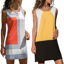 Fashion Contrast Color Sleeveless Round Neck Dress