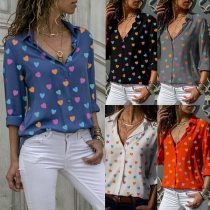 Sweet Style Heart Printed Long Sleeve POLO Collar Shirt
