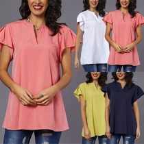 Fashion Solid Color Lotus Sleeve V-neck Loose Top