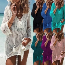 Sexy Long Sleeve V-neck Slit Hem Hollow Out Bikini Smock