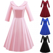 Elegant Solid Color 3/4 Sleeve Lapel High Waist Dress