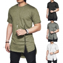 Fashion Short Sleeve Round Neck Zipper High-low Hem Men's T-shirt