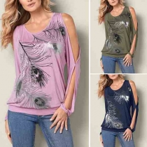 Sexy Off-shoulder Long Sleeve Round Neck Printed T-shirt