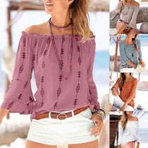 Sexy Off-shoulder Boat Neck 3/4 Sleeve Printed Top