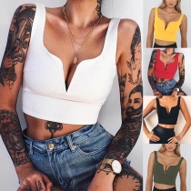 Sexy Sleeveless V-neck Solid Color Crop Top