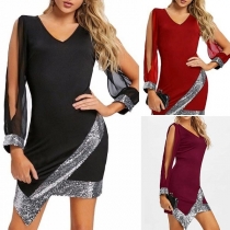 Sexy Slit Long Sleeve V-neck Irregular Hem Sequin Spliced Dress