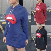 Fashion Red-lip Printed Long Sleeve Hooded Sweatshirt Dress