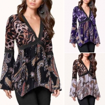 Sexy V-neck Long Sleeve Irregular Hem Printed Top