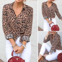 Fashion Long Sleeve POLO Collar Leopard Print Shirt