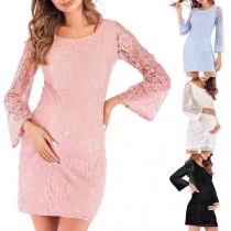 Sexy Backless Trumpet Sleeve Round Neck Lace Dress