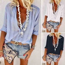 Fashion Solid Color Long Sleeve V-neck Blouse