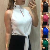 Sexy Off-shoulder Stand Collar Lace-up Hem Solid Color Top