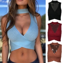 Sexy Sleeveless Deep V-neck Solid Color Crop Top