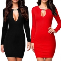 Sexy Long Sleeve Round Neck Hollow Out Tight Dress