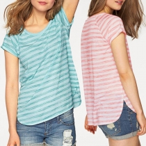 Fashion Short Sleeve Round Neck Striped T-shirt 