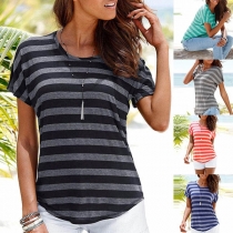 Fashion Short Sleeve Round Neck Arc Hem Striped T-shirt