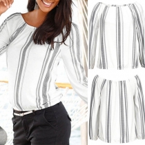 Fashion Long Sleeve Round Neck Striped T-shirt 