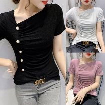 Fashion Solid Color Oblique V-neck Front Buttons T-shirt