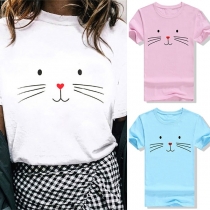 Cute Cat Printed Short Sleeve Round Neck T-shirt 