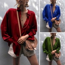 Fashion Solid Color Long Sleeve POLO Collar Loose Shirt