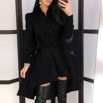 Fashion Solid Color POLO Collar Single-breasted High-low Hem Dress