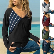 Fashion Contrast Color Striped Spliced Long Sleeve V-neck T-shirt