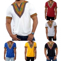 Ethnic Style Short Sleeve V-neck Printed Men's T-shirt 