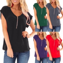 Fashion Solid Color Short Sleeve V-neck Loose T-shirt 