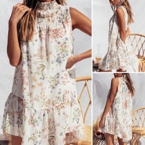 Sweet Style Sleeveless Stand Collar Ruffle Hem Printed Dress