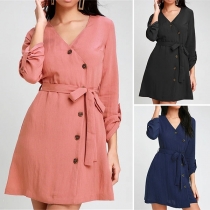 Fashion Solid Color Long Sleeve V-neck Front-button Dress