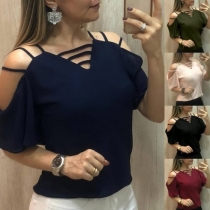 Sexy Off-shoulder Short Sleeve V-neck Solid Color Top
