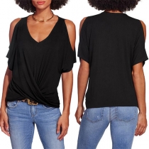 Sexy Off-shoulder Short Sleeve V-neck Irregular Hem T-shirt